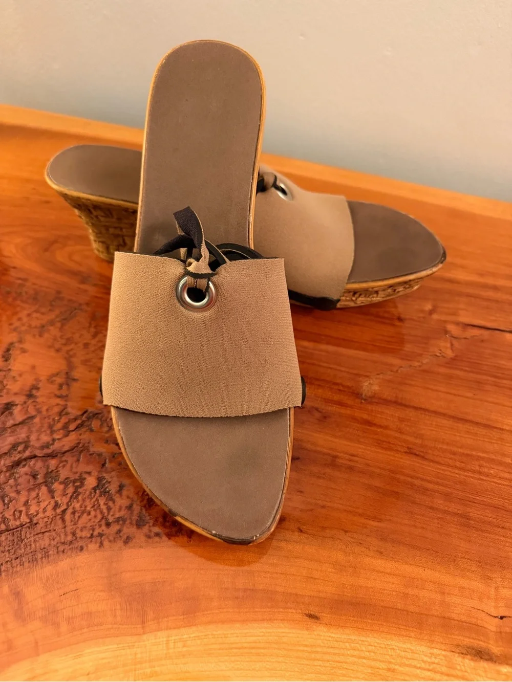 Women's Taupe Wedge Slide Sandals with Cork like Platform